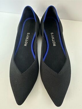 Rothy's Black Pointed Knit Flats with Blue Trim Accent